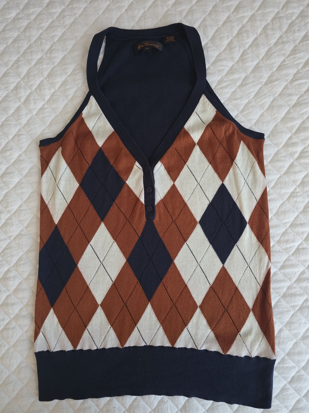 Argyle V-Neck Sweater Vest in Navy, Rust & Cream Sz Xl Cotton Y2K